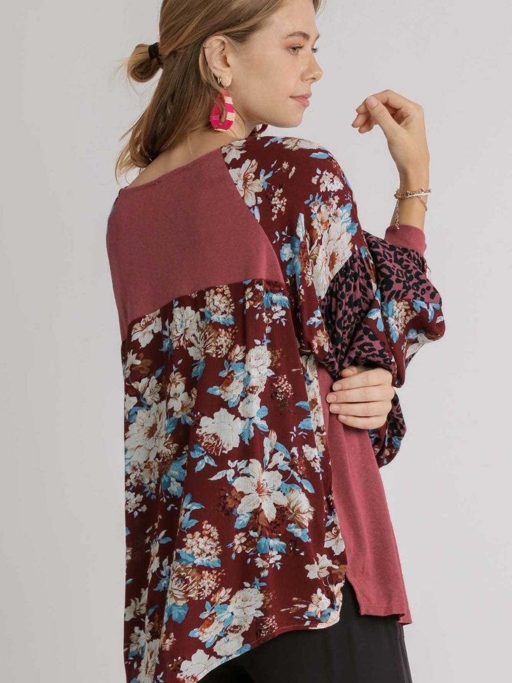 Umgee NWT Floral Leopard Print Puff Sleeve Mauve Boho Top